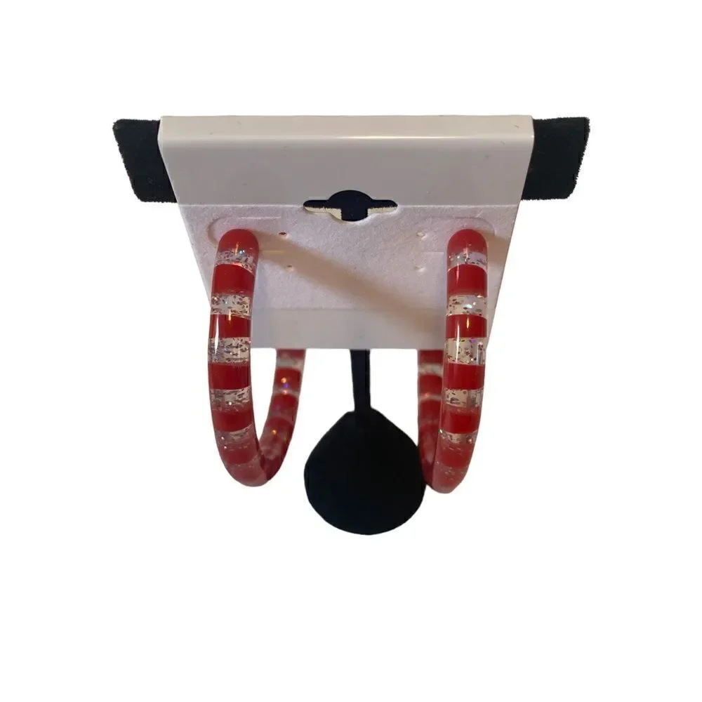 Darbie Angell Red Striped Sparkly & Clear Resin Hoops.